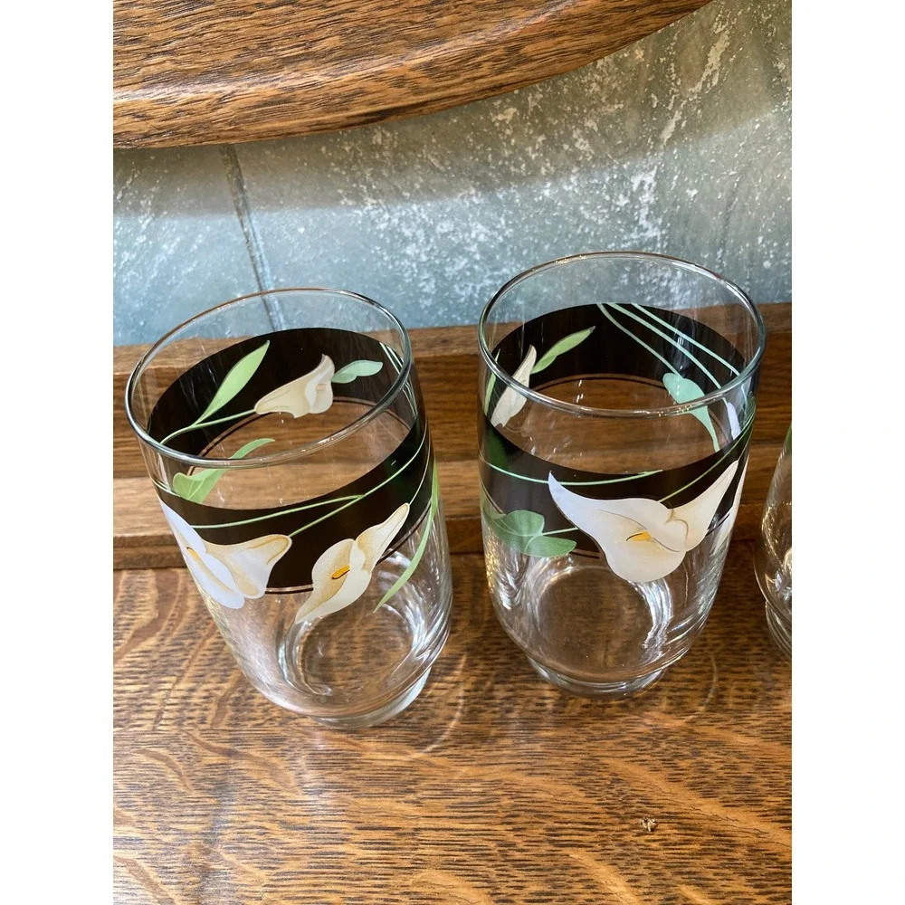 Vintage Calla Lily Highball Glasses Set of 4 Black Band Floral Footed Tumblers